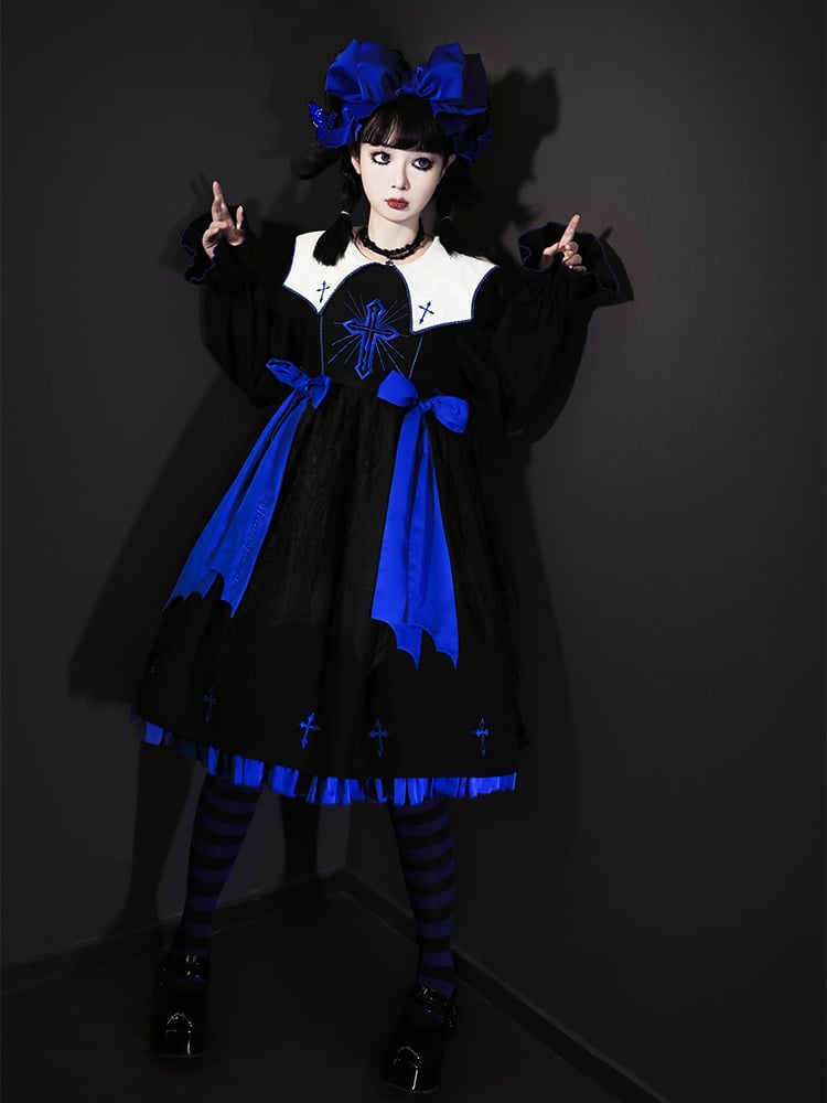 Black and Klein Blue Cross Embroidery Ruffle Hemline Long Sleeves Lolita OP