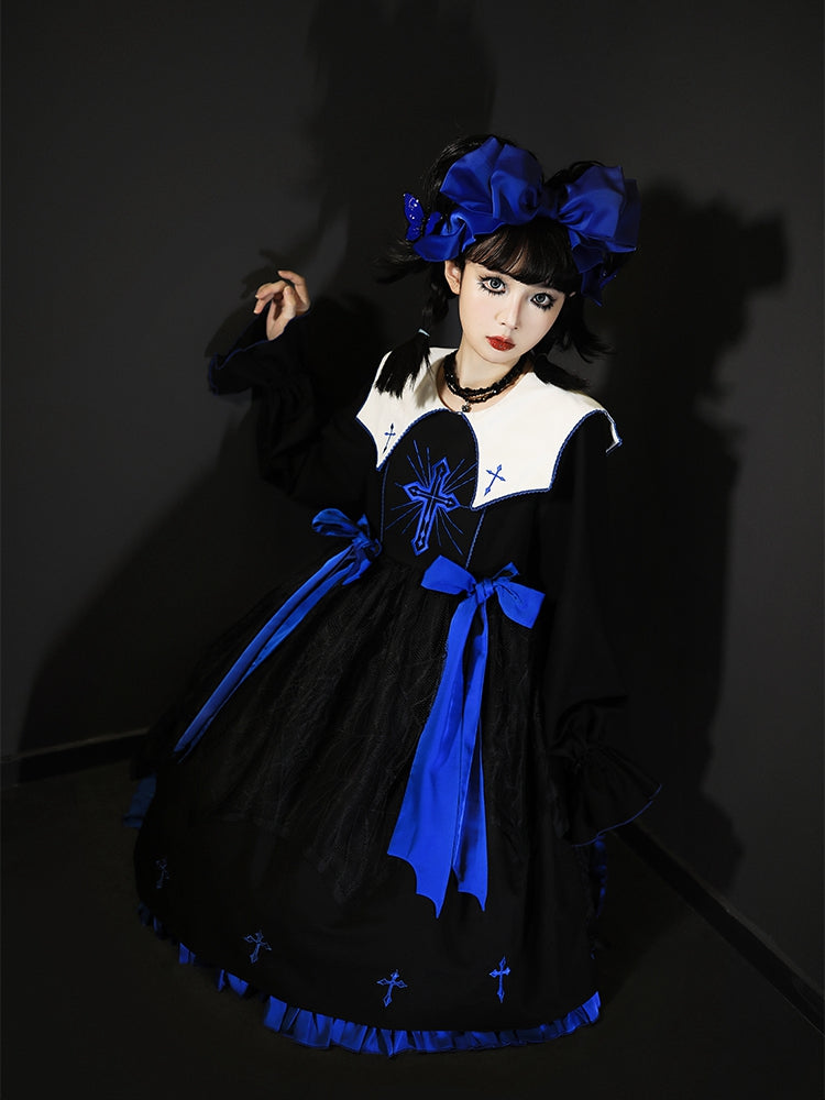 Black and Klein Blue Cross Embroidery Ruffle Hemline Long Sleeves Lolita OP