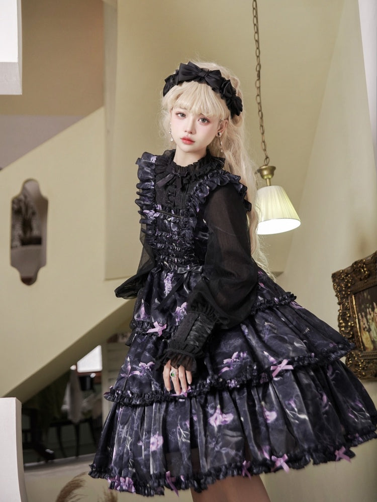 Black and Purple Fake Two-pieces Design Floral Print Ruffle Bodice Long Sleeves Lolita OP