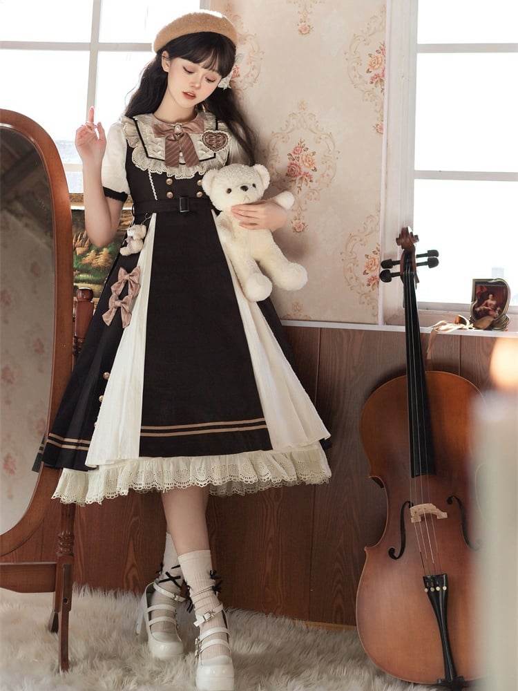 Dark Brown Peter Pan Collar One Piece with Bear Charm