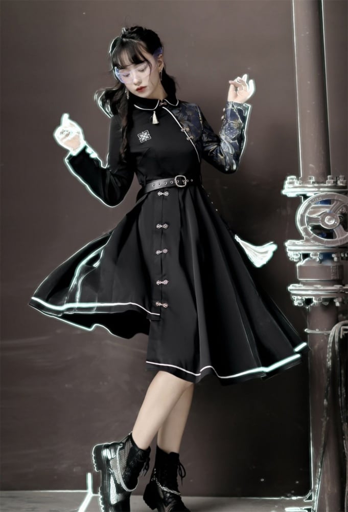 Asymmetrical Hem Skirt Black One Piece Long Sleeves Qi Dress