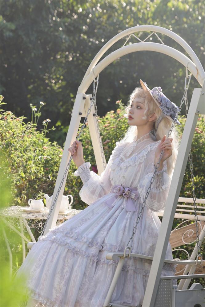 The Garden of Flowers White and Purple Semi-sheer Neckline Long Sleeves One Piece