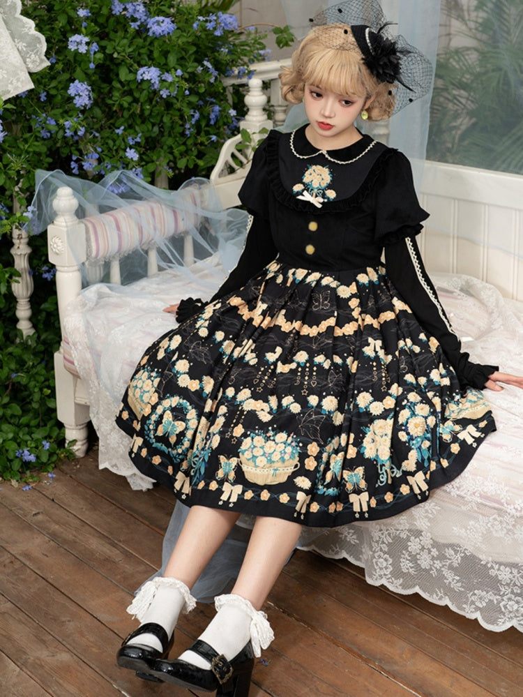 Flower Courtyard Peter Pan Collar Floral Print Pleated Skirt Long Sleeves One Piece