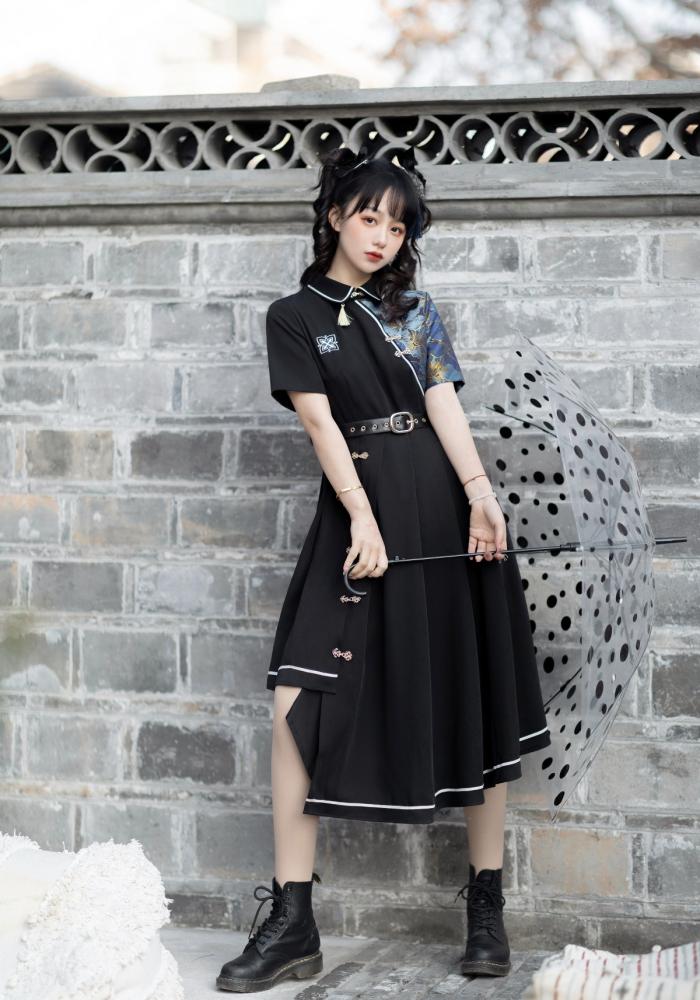 Asymmetrical Hem Skirt Black One Piece Short Sleeves Qi Dress