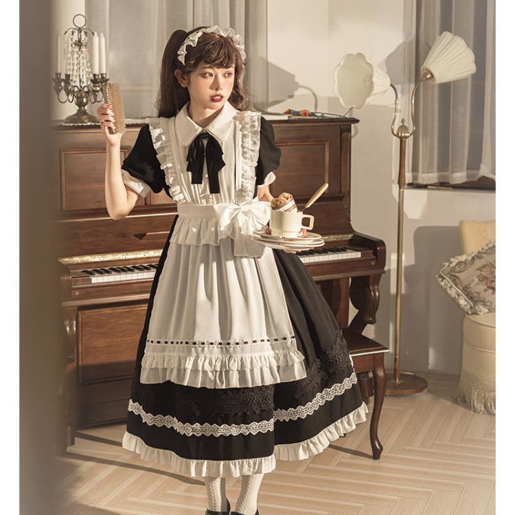 Black High Waist One Piece Maid Style Dress with Detachable Apron Short Sleeves Version