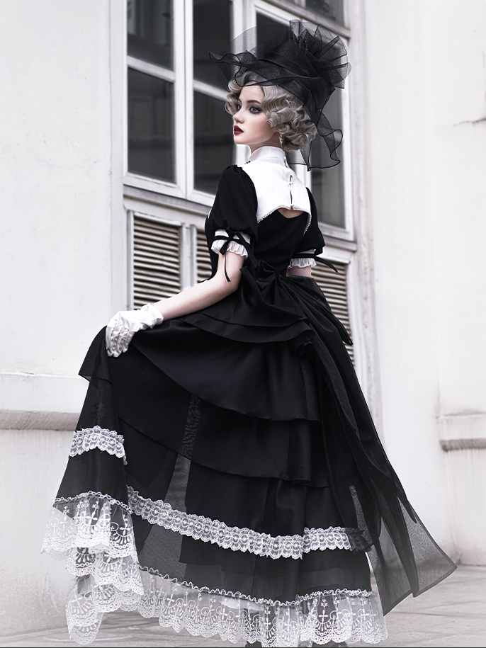 Cross Embroidery Mermaid Skirt Gothic One Piece with Overskirt Full Set Nun Dress