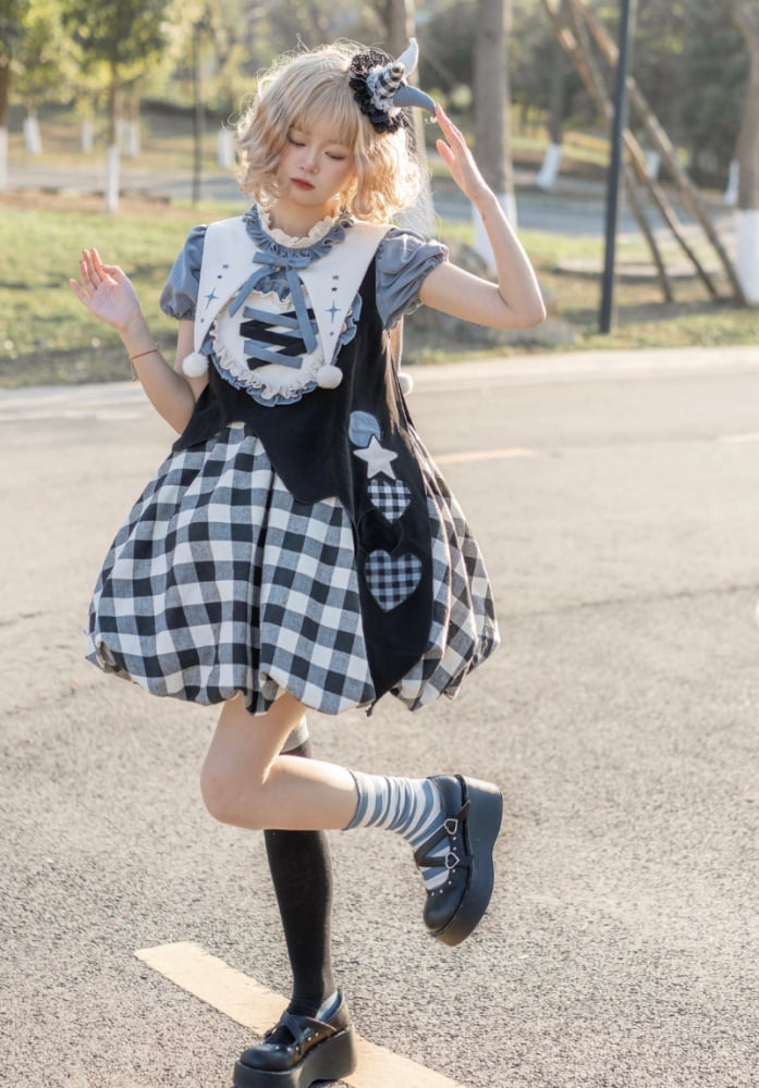 Black Plaid Bubble Skirt Jumper Skirt + Blue Blouse Set Alice in Wonderland Vibes Dress