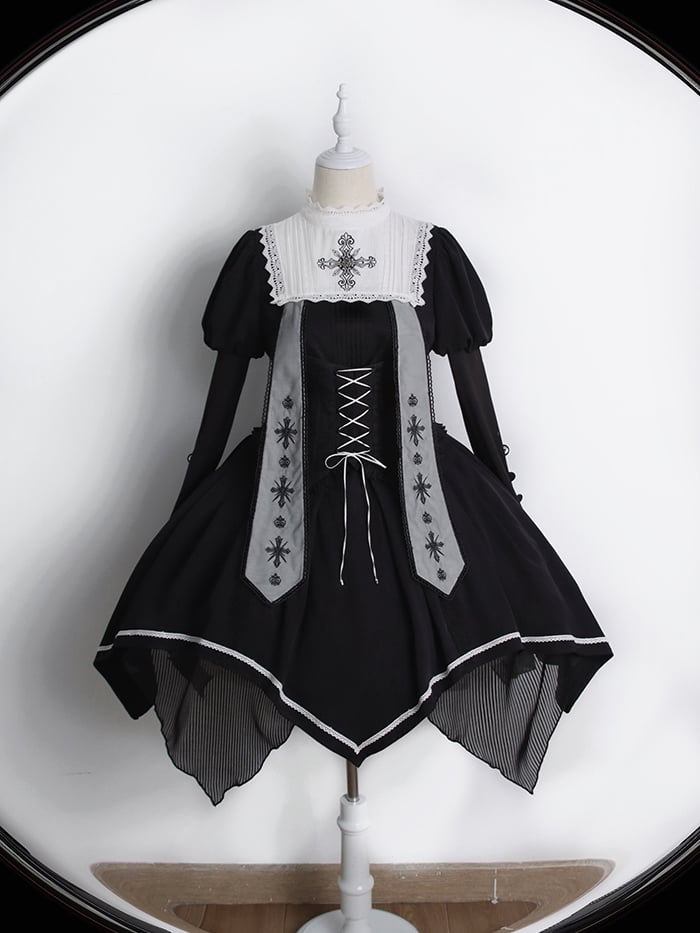 Cross Embroidery Front One Piece Handkerchief Hem Long Sleeves