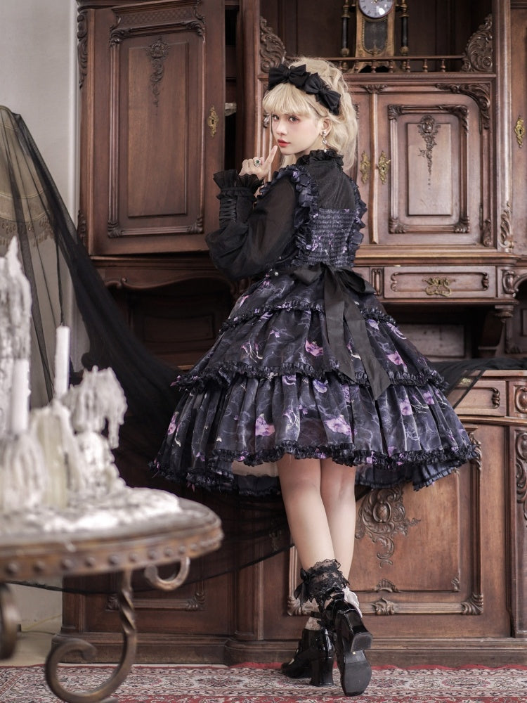 Black and Purple Fake Two-pieces Design Floral Print Ruffle Bodice Long Sleeves Lolita OP