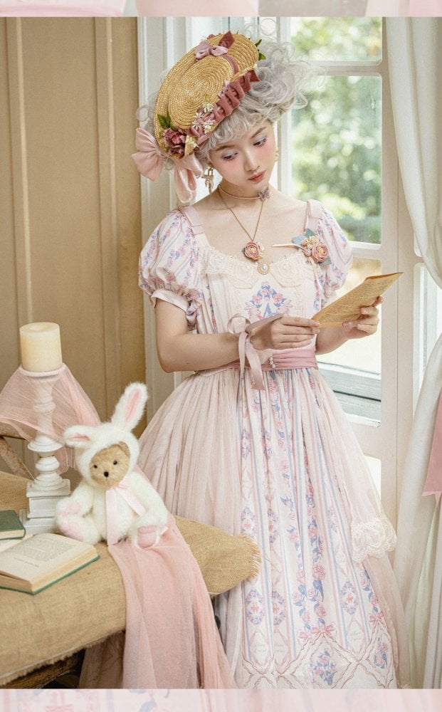 Bunny and Floral Print Pink One Piece Tea Length Classic Dress