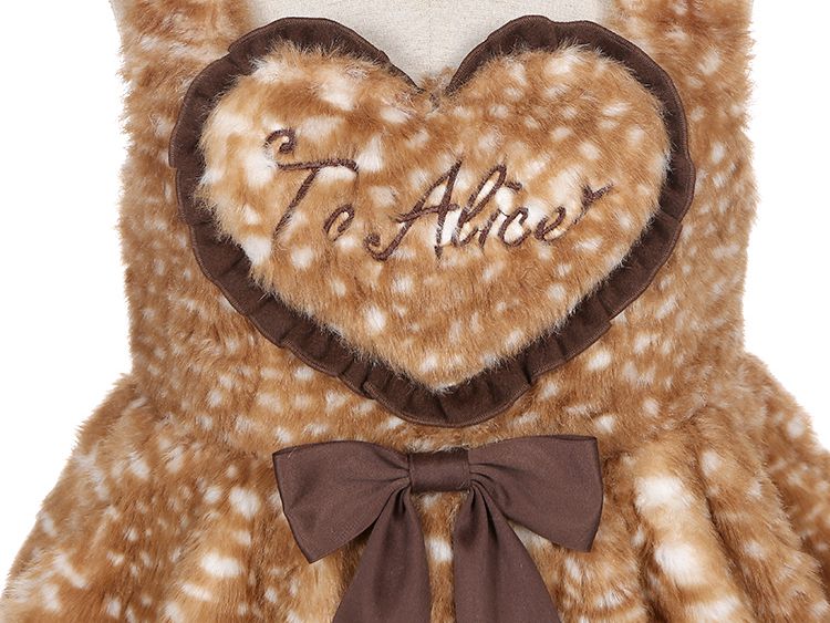 Heart Design Brown High Waist Plush Overall Dress