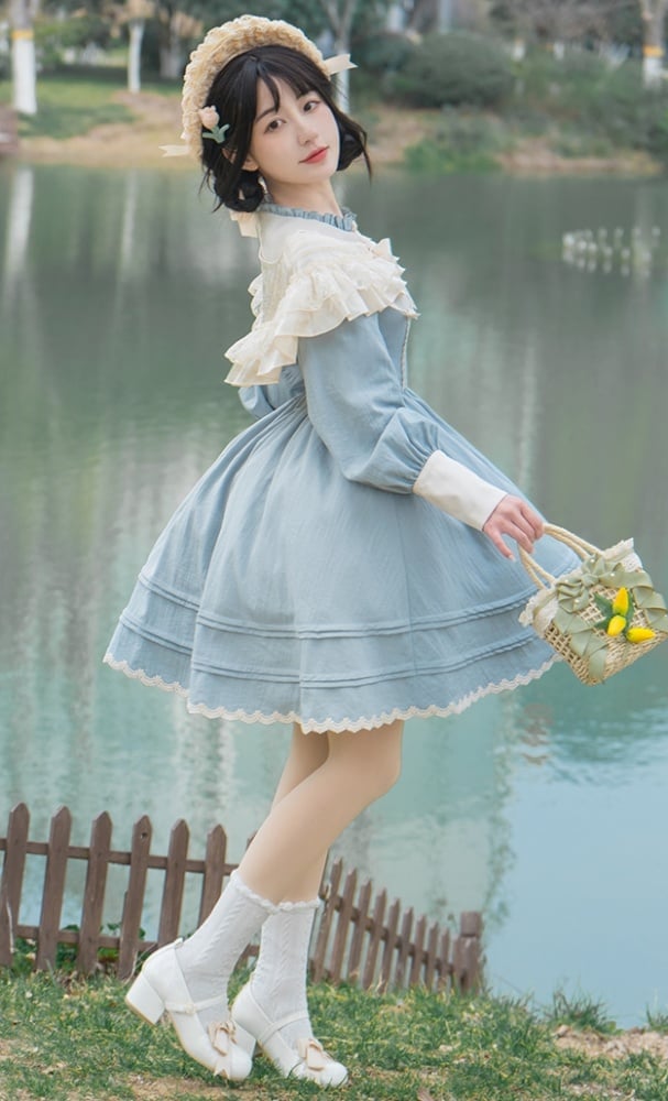 Blue Ruffle Round Neck Long Sleeves One Piece