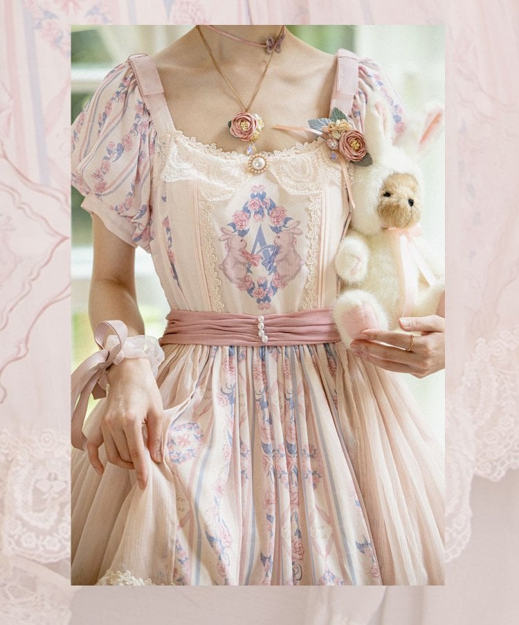 Bunny and Floral Print Pink One Piece Tea Length Classic Dress