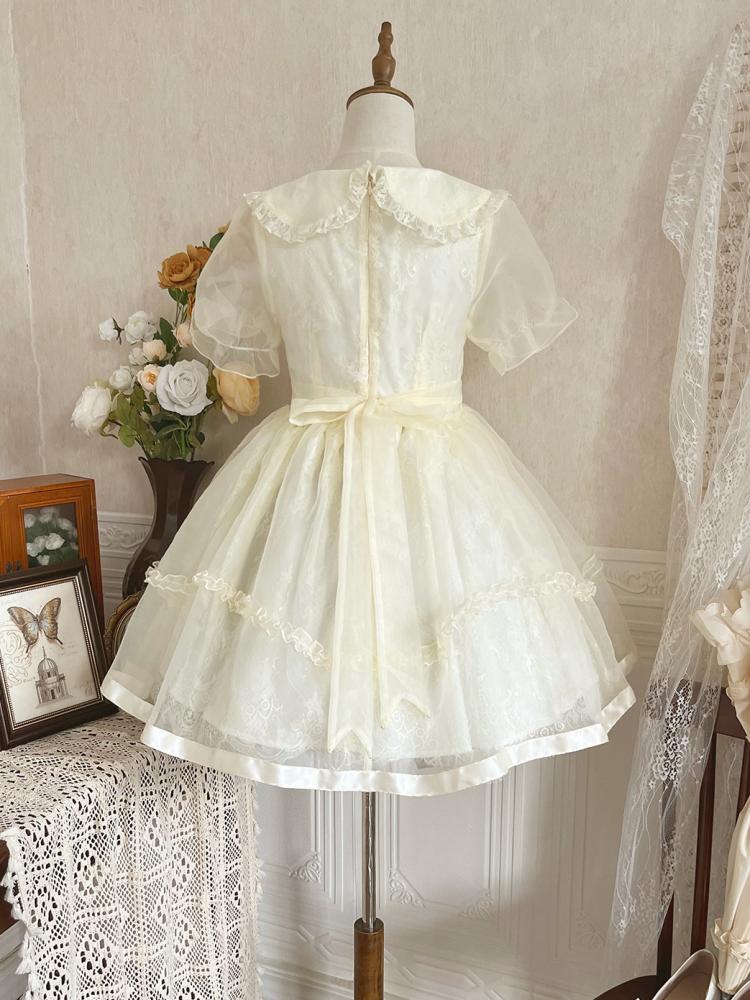 Warm Love Song Ruffle Trim Peter Pan Collar Semi-sheer Short Puff Sleeves Lolita OP