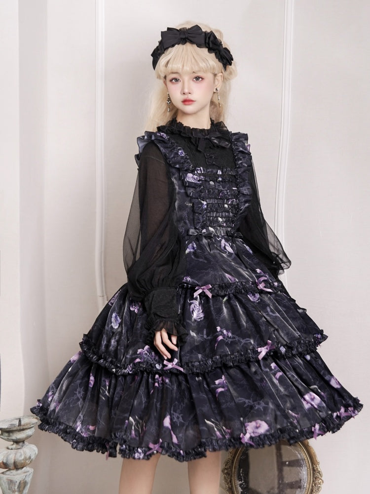 Black and Purple Fake Two-pieces Design Floral Print Ruffle Bodice Long Sleeves Lolita OP