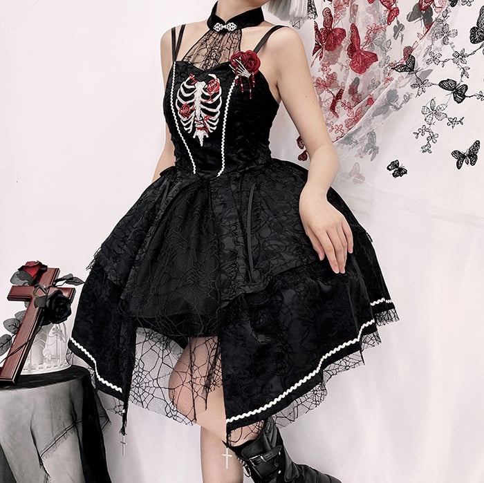 Black Rose Ribs Embroidery Gothic Jumper Skirt/Jumper Skirt+Bolero Set