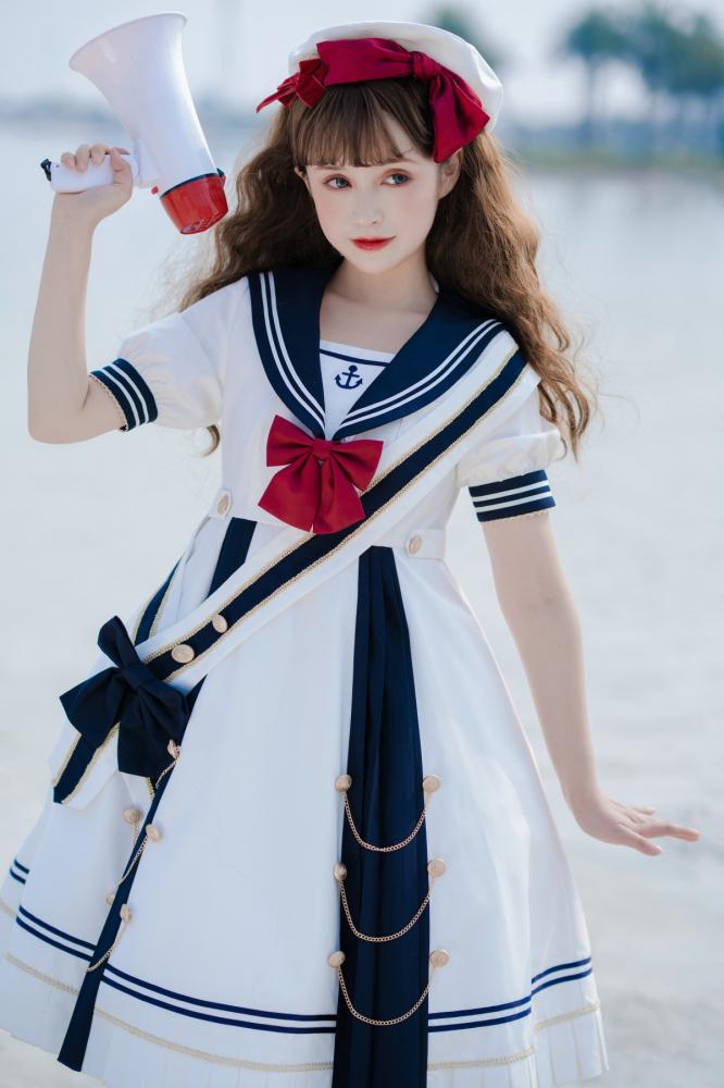 Sea Breeze Dark Blue Sailor Collar One Piece High Waist Sweet Dress with Bow Tie and Ribbon