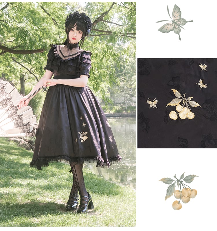 Butterfly Pattern Black Edward Collar One Piece Embroidery Detail Skirt