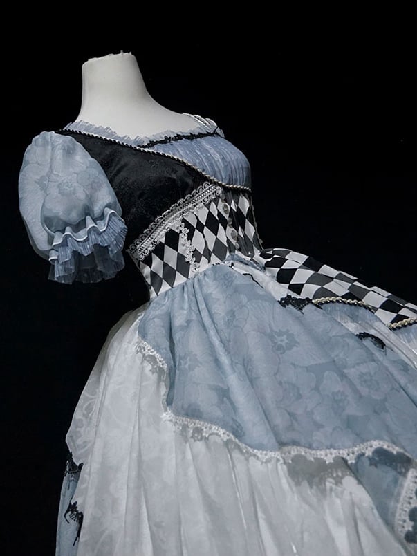 Asymmetrical Sleeves Blue and Black Chess Pattern One Piece Alice in Wonderland Vibes