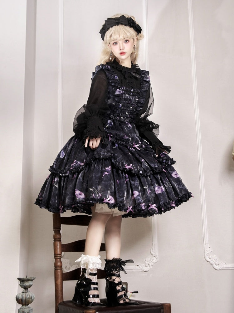 Black and Purple Fake Two-pieces Design Floral Print Ruffle Bodice Long Sleeves Lolita OP