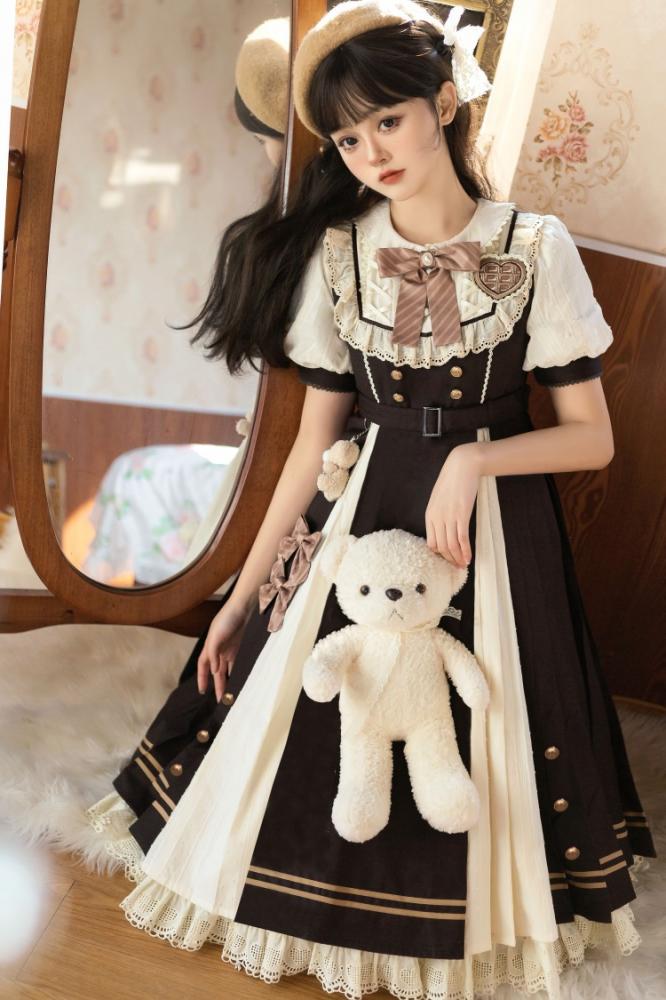 Dark Brown Peter Pan Collar One Piece with Bear Charm