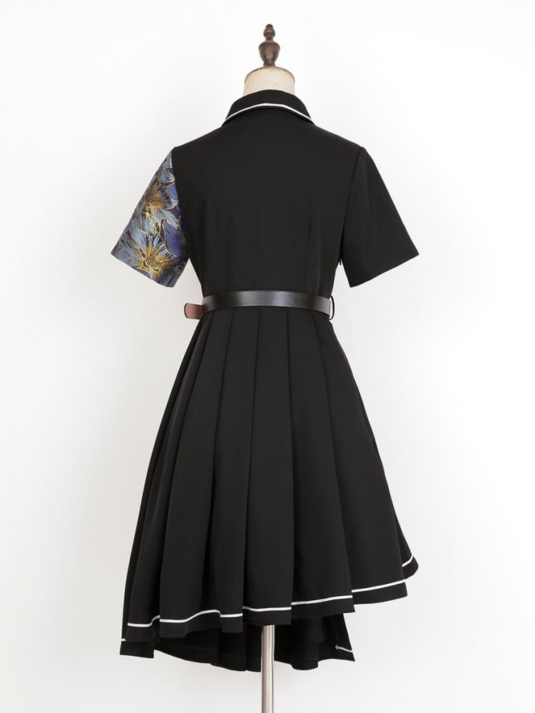 Asymmetrical Hem Skirt Black One Piece Short Sleeves Qi Dress