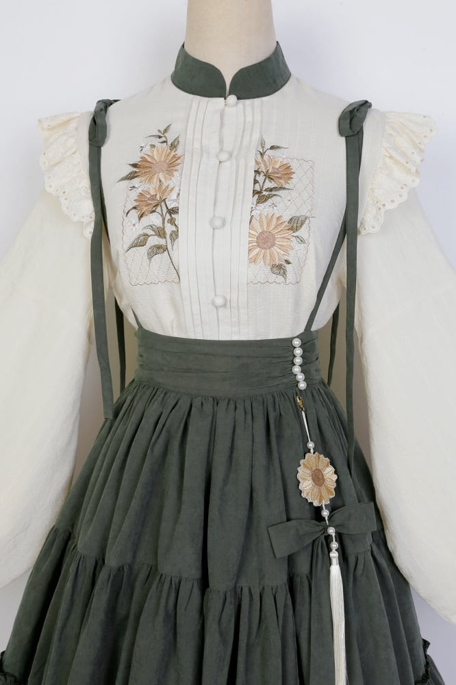 Beige Sunflowers Embroidery Blouse + Green Tiered Skirt with Sunflower Charm Set