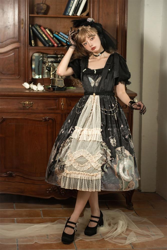 Clock and Butterfly Print Black One Piece Puff Sleeves High Waist