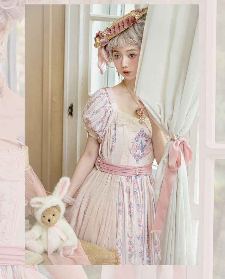 Bunny and Floral Print Pink One Piece Tea Length Classic Dress