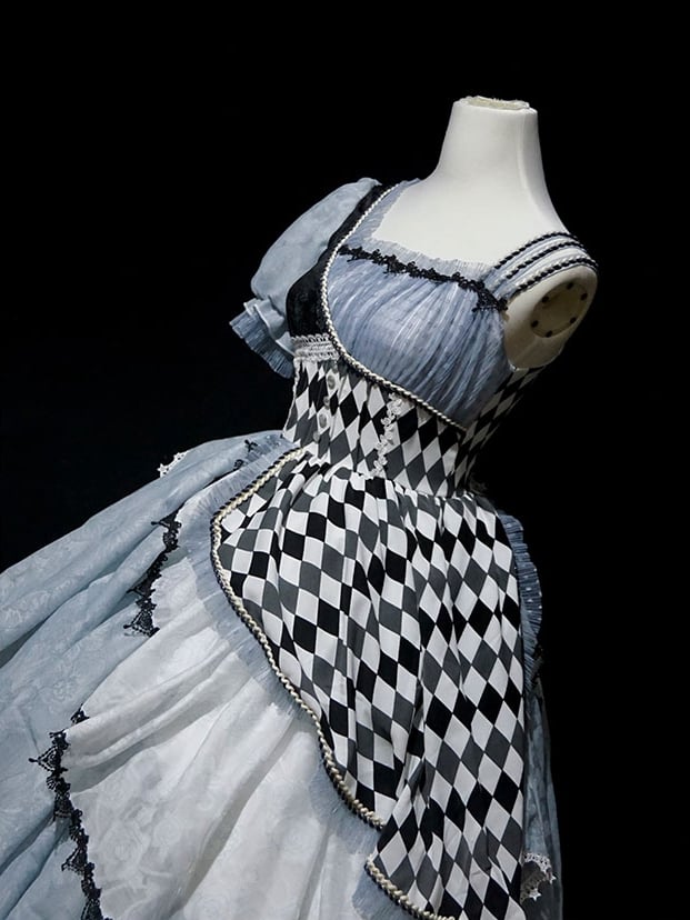 Asymmetrical Sleeves Blue and Black Chess Pattern One Piece Alice in Wonderland Vibes