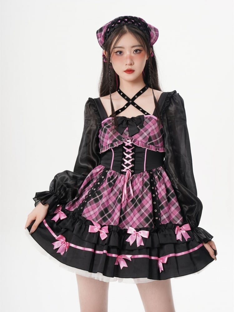 Halter Neck Lace-up Detail Pink Plaid Long Sleeves One Piece Idol Dress