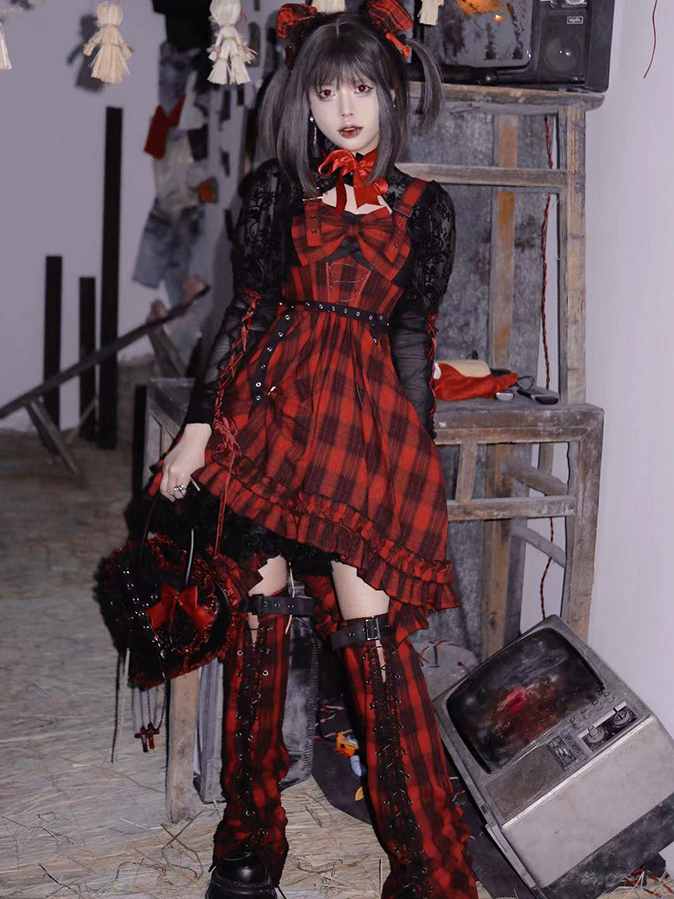 Scarlet Red Plaid Punk Jumper Skirt Handkerchief Hem Idol Dress