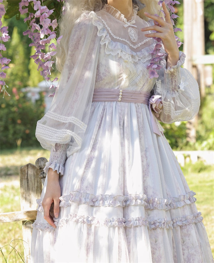 The Garden of Flowers White and Purple Semi-sheer Neckline Long Sleeves One Piece