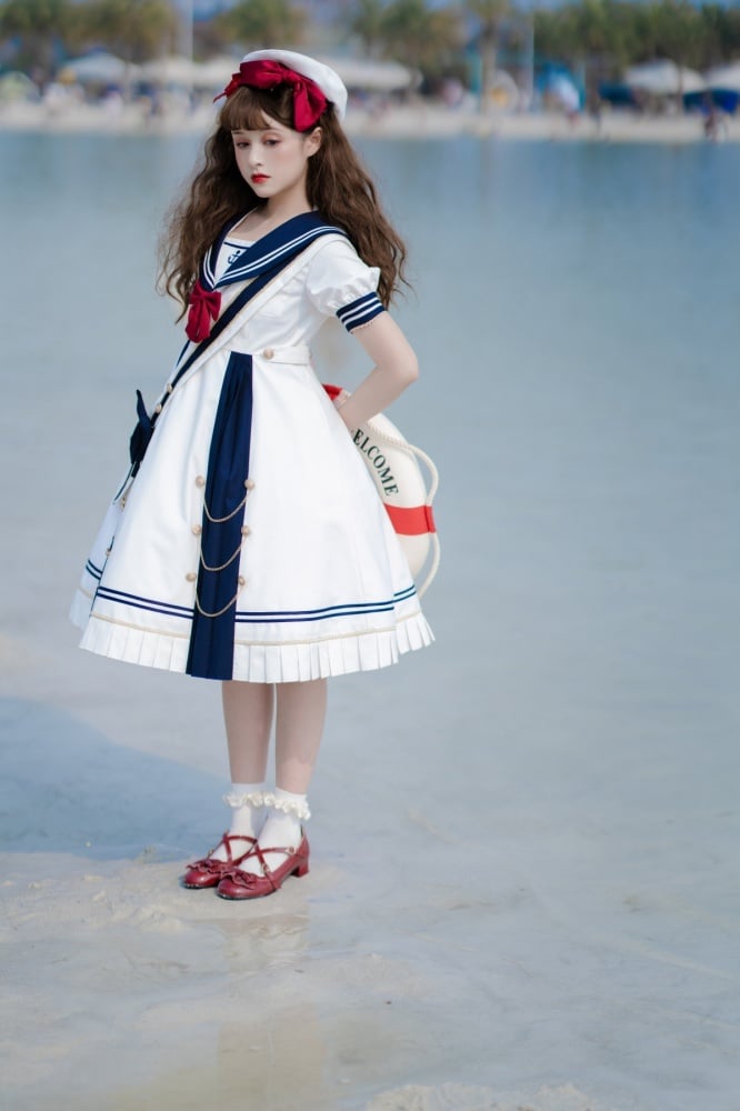 Sea Breeze Dark Blue Sailor Collar One Piece High Waist Sweet Dress with Bow Tie and Ribbon