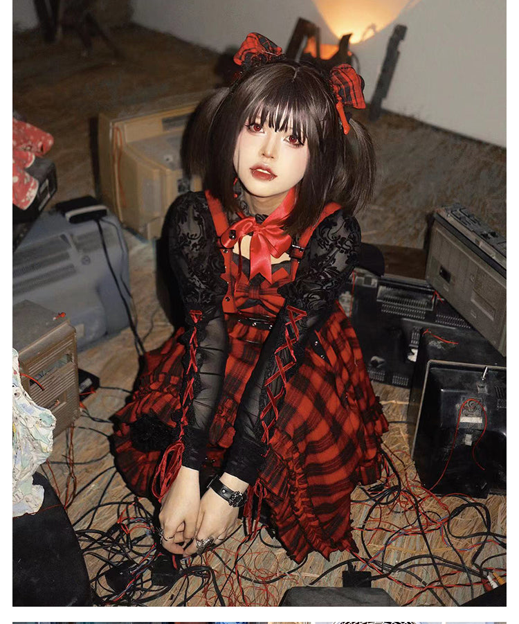 Scarlet Red Plaid Punk Jumper Skirt Handkerchief Hem Idol Dress