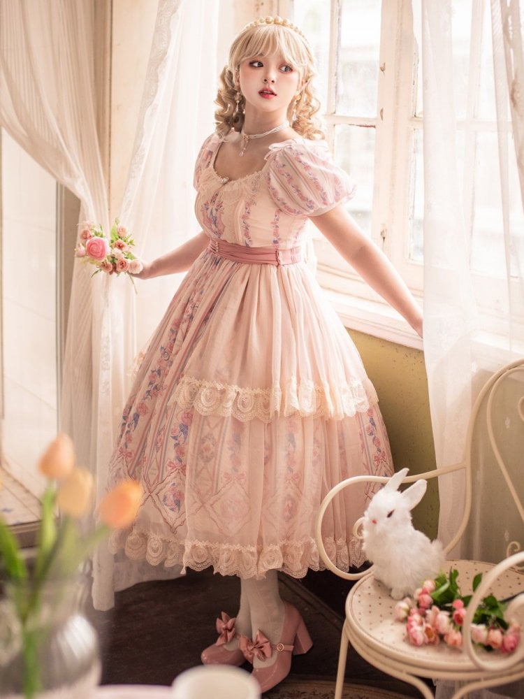 Bunny and Floral Print Pink One Piece Tea Length Classic Dress