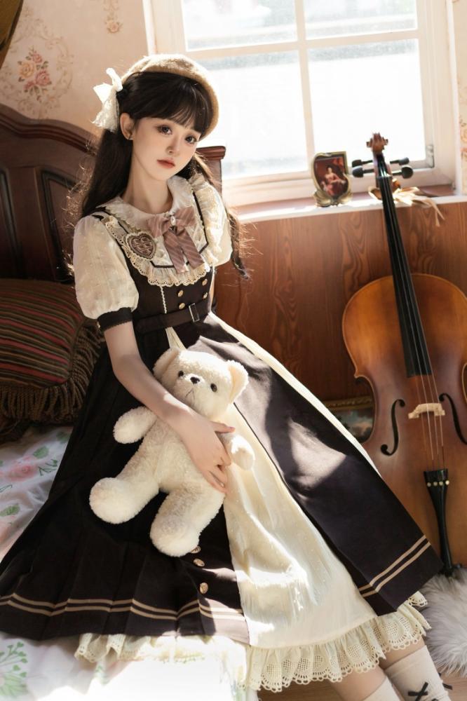 Dark Brown Peter Pan Collar One Piece with Bear Charm