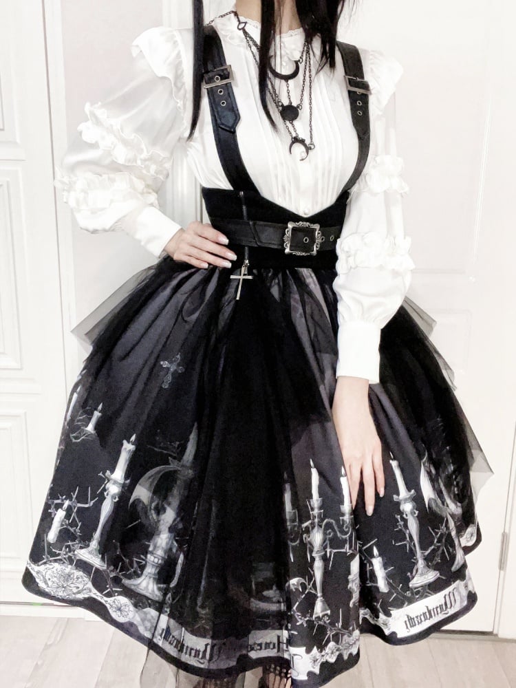 Dragon's Breath Black Candle Print High Waist Lolita Skirt with Straps - Sukuroi