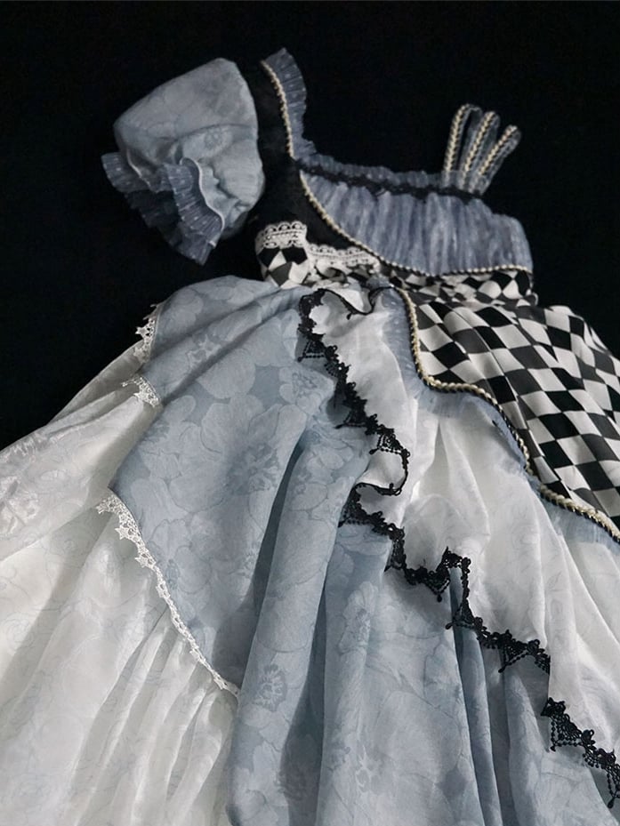 Asymmetrical Sleeves Blue and Black Chess Pattern One Piece Alice in Wonderland Vibes