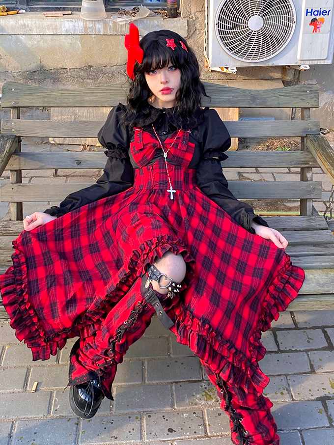 Scarlet Red Plaid Punk Jumper Skirt Handkerchief Hem Idol Dress