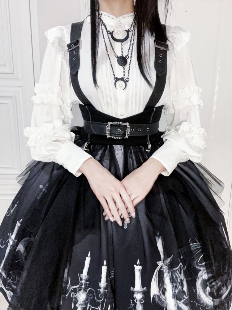 Dragon's Breath Black Candle Print High Waist Lolita Skirt with Straps - Sukuroi