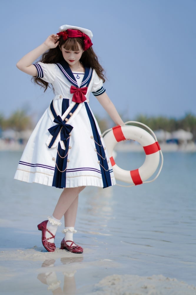 Sea Breeze Dark Blue Sailor Collar One Piece High Waist Sweet Dress with Bow Tie and Ribbon