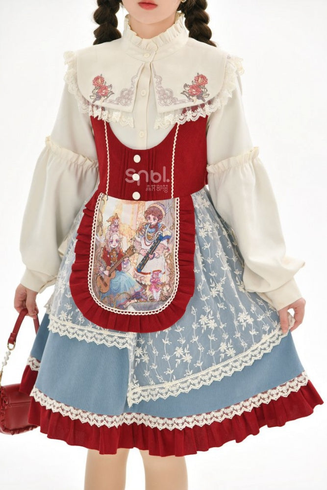 Fairy Tale Overture Girl and Violin Print Ruffle Trim Overalls