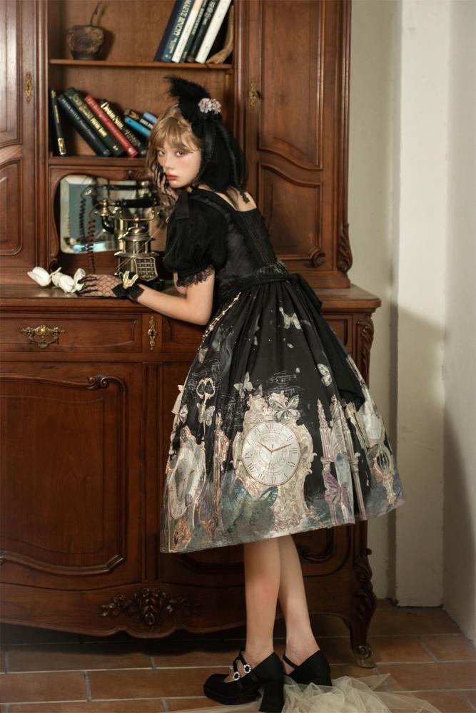 Clock and Butterfly Print Black One Piece Puff Sleeves High Waist