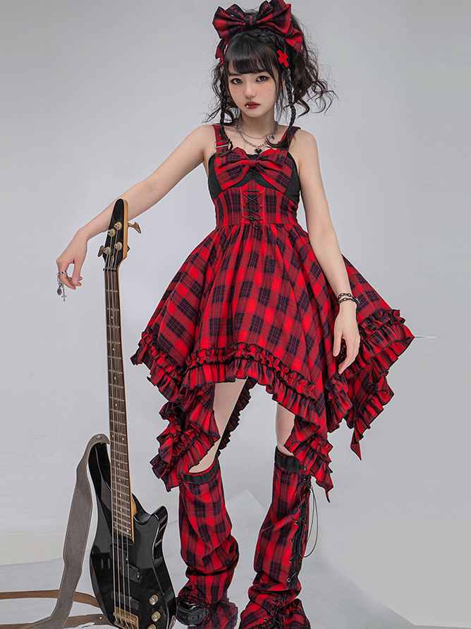 Scarlet Red Plaid Punk Jumper Skirt Handkerchief Hem Idol Dress