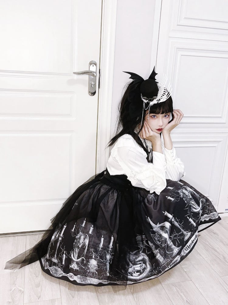 Dragon's Breath Black Candle Print High Waist Lolita Skirt with Straps - Sukuroi