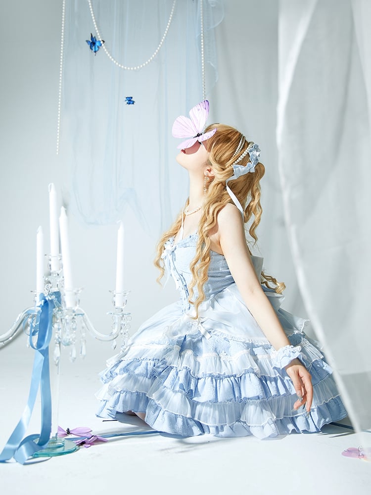 Light Blue Sweetheart Neckline Boned Bodice Balletcore Jumper Skirt Tiered Ruffles with Big Bow