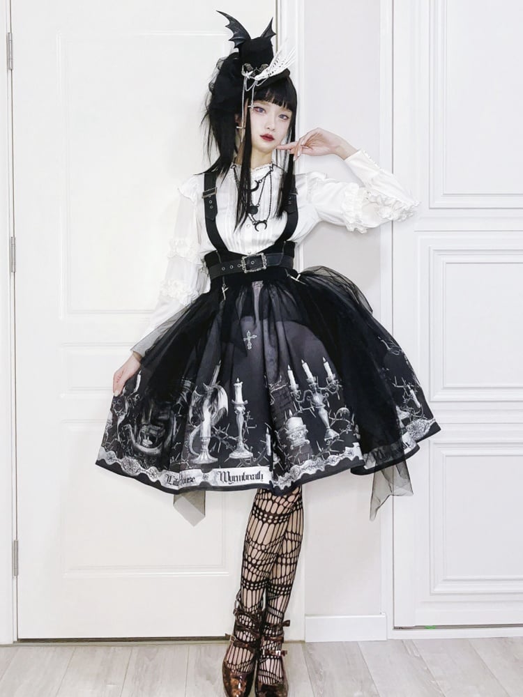 Dragon's Breath Black Candle Print High Waist Lolita Skirt with Straps - Sukuroi