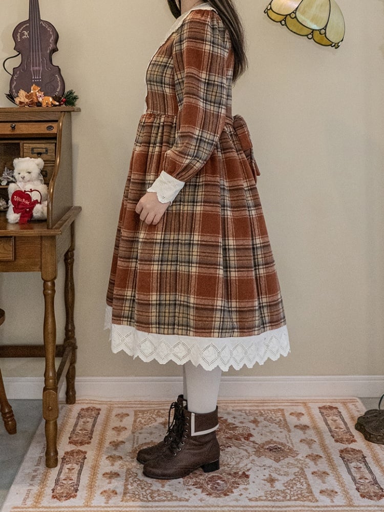 Brown Autumn Plaid Pattern Dress One Piece