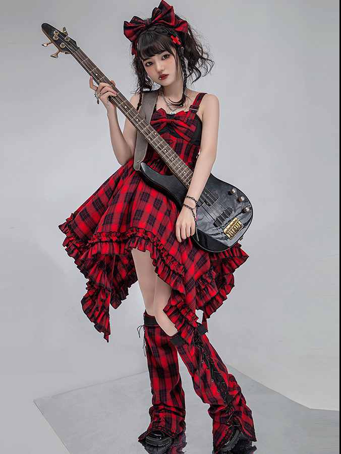 Scarlet Red Plaid Punk Jumper Skirt Handkerchief Hem Idol Dress